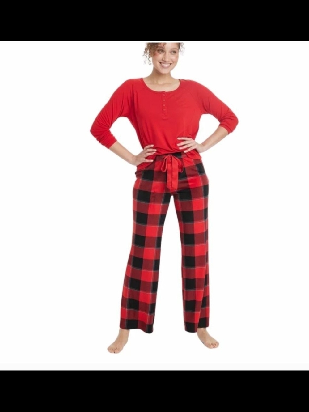 Stars Above Red Henley Top with Red & Black Plaid Lounge Pants Size SMALL - Picture 2 of 7
